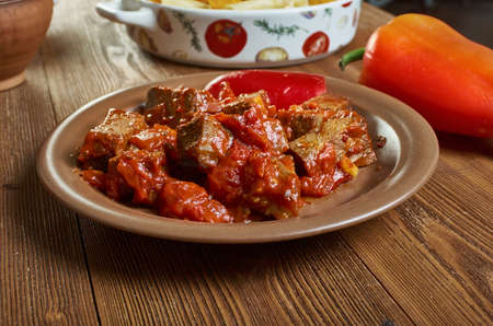 Drusan kebab - traditional Bulgarian dish consisting of cubed pork, tomatoes, dried peppers, and onions.の写真素材