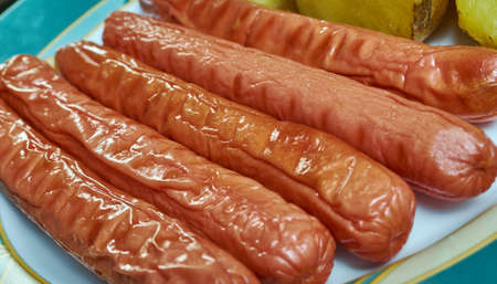 Rode Polse - Danish equivalent of American hot dog, served with potatoの写真素材