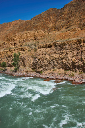 New North-South route , canyon river Kekemeren, Kyrgyzstan.の写真素材
