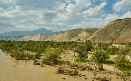 New North-South route, canyon river Naryn, Kyrgyzstan.の写真素材