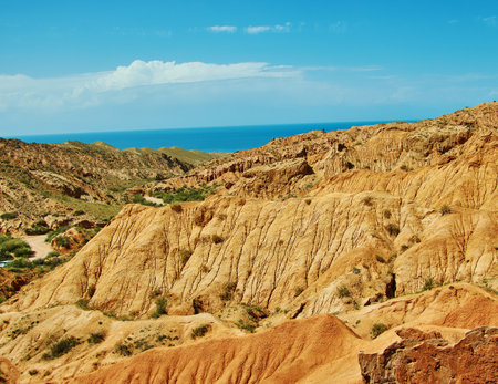 Fairy Tale Canyon, rock formations on the Issyk-Kul lake. Kyrgyzstan Central Asiaの写真素材