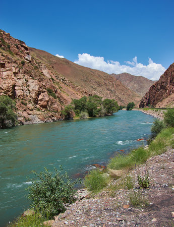 New North-South route, canyon river Kekemeren, Kyrgyzstan.の写真素材