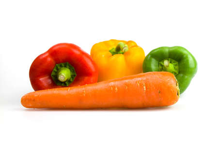 Sweet pepper and carrot isolated on white backgroundの写真素材