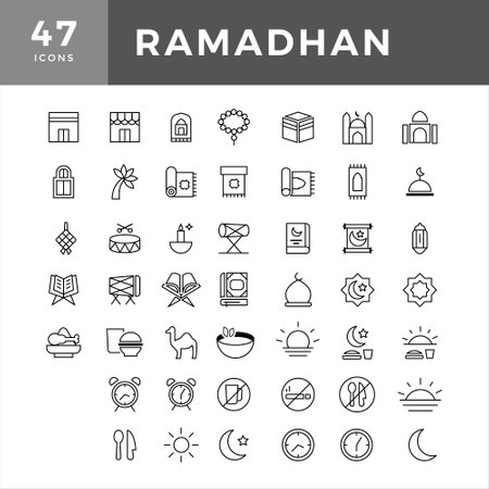 islamic icon with thin line style, use for islamic event or pictogram assets, ramadhan kareem, ied mubarak. Islamic Line Art Icons Set. Ramadan Kareem Line Vector Icons.のイラスト素材