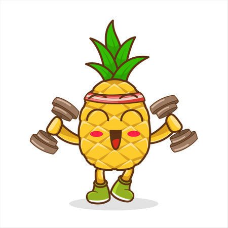 pineapple cartoon training body muscle with barbells vector designのイラスト素材