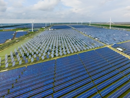 Industrial landscape with different energy resources. Sustainable development.
