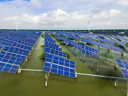 Industrial landscape with different energy resources. Sustainable development.