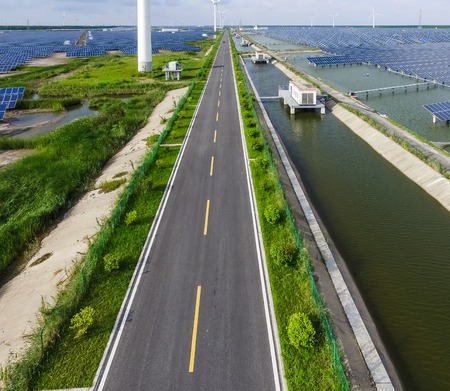 Industrial landscape with different energy resources. Sustainable development.の写真素材