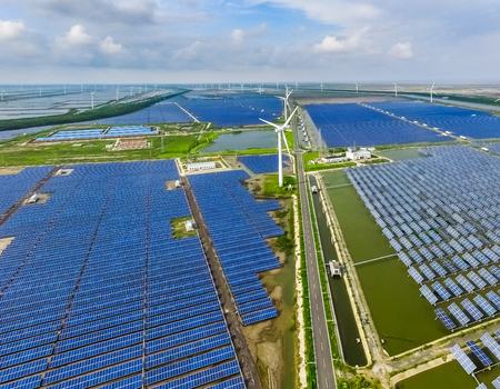 Industrial landscape with different energy resources. Sustainable development.
