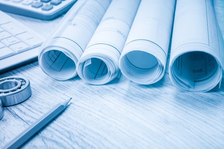 Construction drawings slide caliper roller bearings on blueprint architecture and building concept.の写真素材