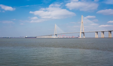 modern bridge over the Yangtze River at sunset.の写真素材