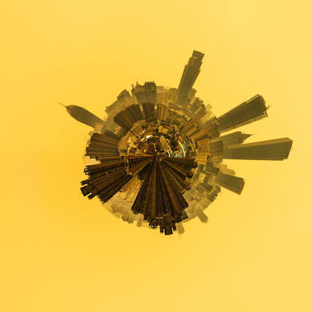 cityscape with little planet effect with yellow background.のeditorial素材