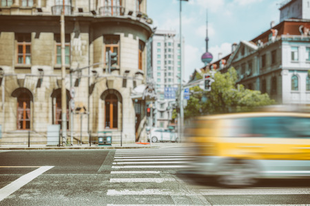 Shanghai street view with cityscape in background.のeditorial素材
