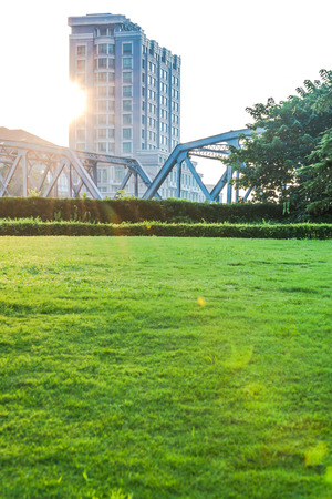Empty green field with cityscape in backgroundのeditorial素材