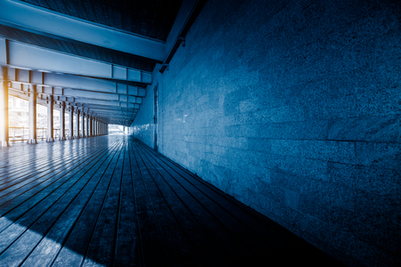 Roofed wooden terrace of modern building in Shanghai.のeditorial素材