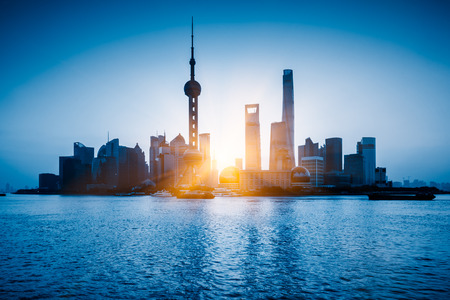 Shanghai skyline panorama in blue tone.のeditorial素材