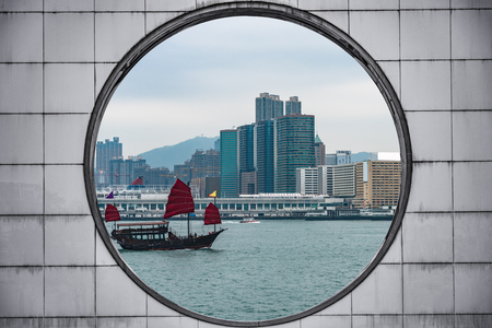 cityscape seen through Circle Shape Window.のeditorial素材