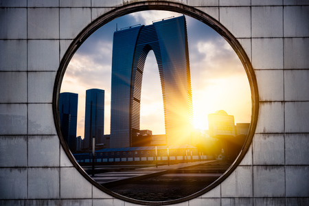 cityscape seen through Circle Shape Window.のeditorial素材