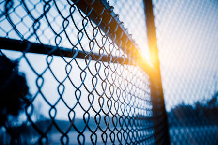 full frame shot of mesh wire fence in blue tone.の写真素材
