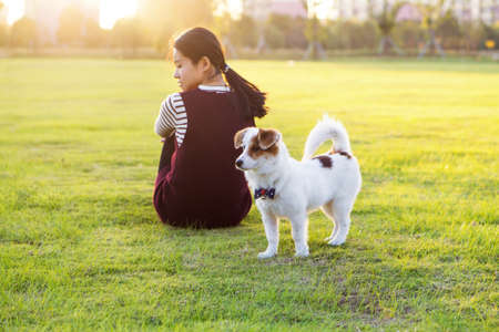 Dog and hostess, park backgroundの写真素材