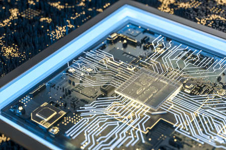 golden glowing circuit components, 3d rendering
