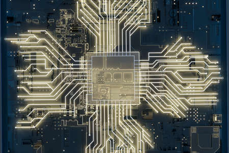 golden glowing circuit components, 3d rendering