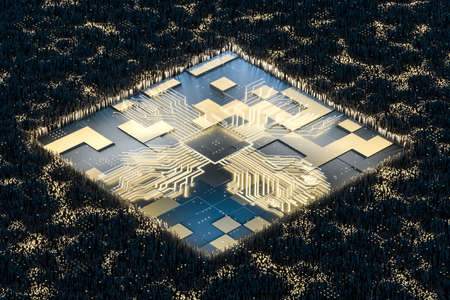 golden glowing circuit components, 3d rendering