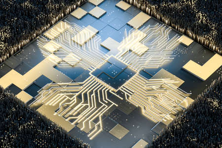 golden glowing circuit components, 3d rendering