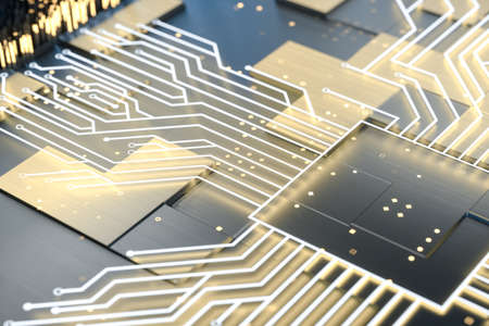 golden glowing circuit components, 3d rendering