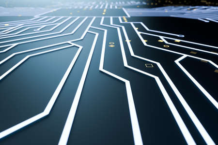 golden glowing circuit components, 3d rendering