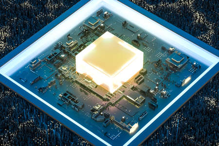 golden glowing circuit components, 3d rendering