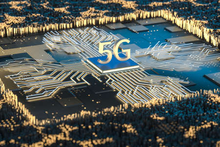 3d rendering, 5g font and circuit background