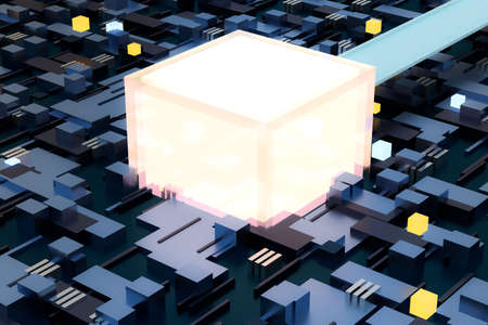 3d rendering, cubes board space, fantasy world, computer digital image