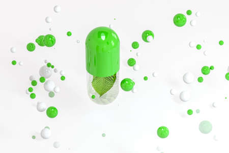 3d rendering, green capsule with leaf in it, Health topics conceptの写真素材