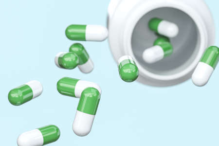 3d rendering, white medicine bottle with capsules, healthy medicament concept