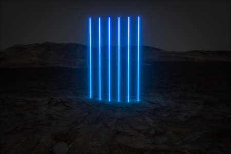 colorful glowing lines with dark mountain background, 3d rendering, computer digital drawing
