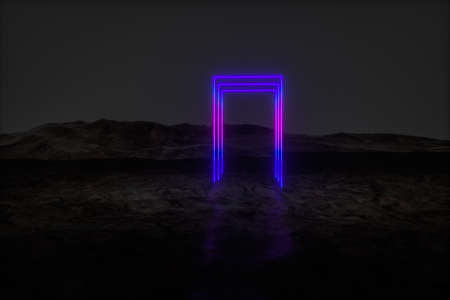 colorful glowing lines with dark mountain background, 3d rendering, computer digital drawingの写真素材