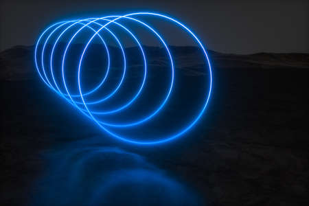colorful glowing lines with dark mountain background, 3d rendering, computer digital drawingの写真素材
