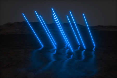 colorful glowing lines with dark mountain background, 3d rendering, computer digital drawingの写真素材