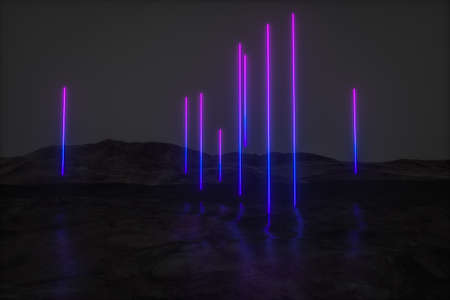 colorful glowing lines with dark mountain background, 3d rendering, computer digital drawing