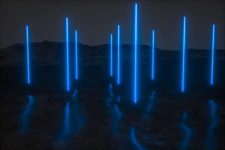 colorful glowing lines with dark mountain background, 3d rendering, computer digital drawing
