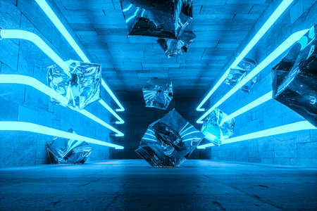 3d rendering, glowing magic lines in anbanoned room, dark background, computer digital imageの写真素材