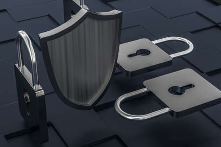 3d rendering, a defense shield with technological background, computer digital backgroundの写真素材