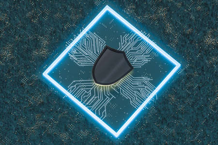 3d rendering, a defense shield with technological background, computer digital background