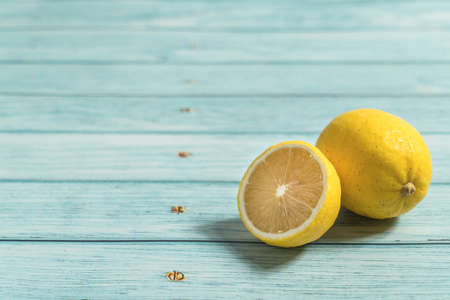 Lemon  on  the blue tableの写真素材
