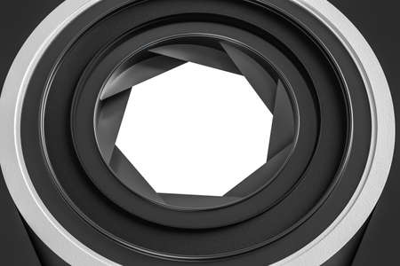 3d rendering, camera lens in a dark studio background. Computer digital image.の写真素材