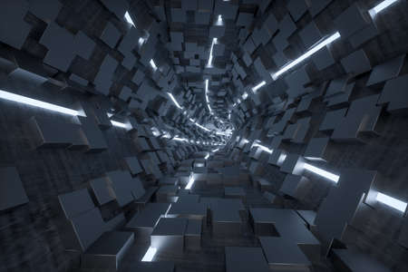 3d rendering, dark science-fiction tunnel, dark background. Computer digital background.