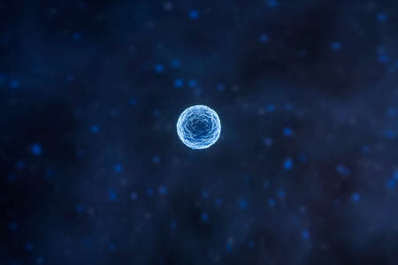 3d rendering, infectious virus with surface details on blue background. Computer digital image.
