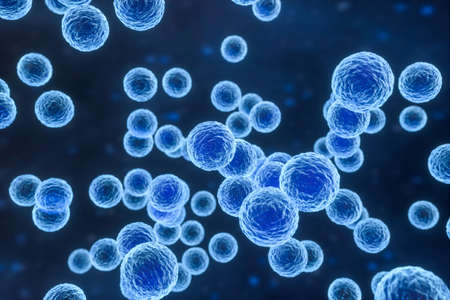 3d rendering, infectious virus with surface details on blue background. Computer digital image.