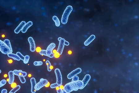 3d rendering, infectious virus with surface details on blue background. Computer digital image.の写真素材